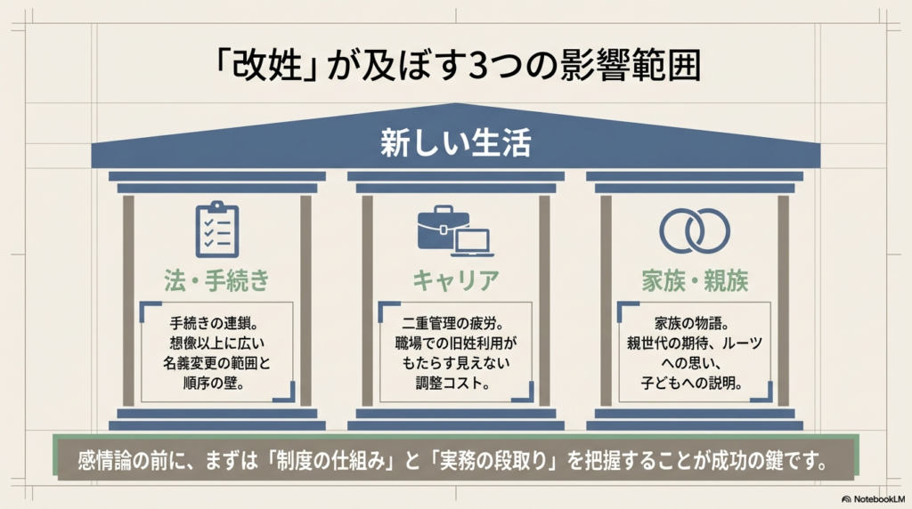 改姓の影響を「新しい生活（法・手続き）」「キャリア」「家族・親族」の3つの領域で示した図。