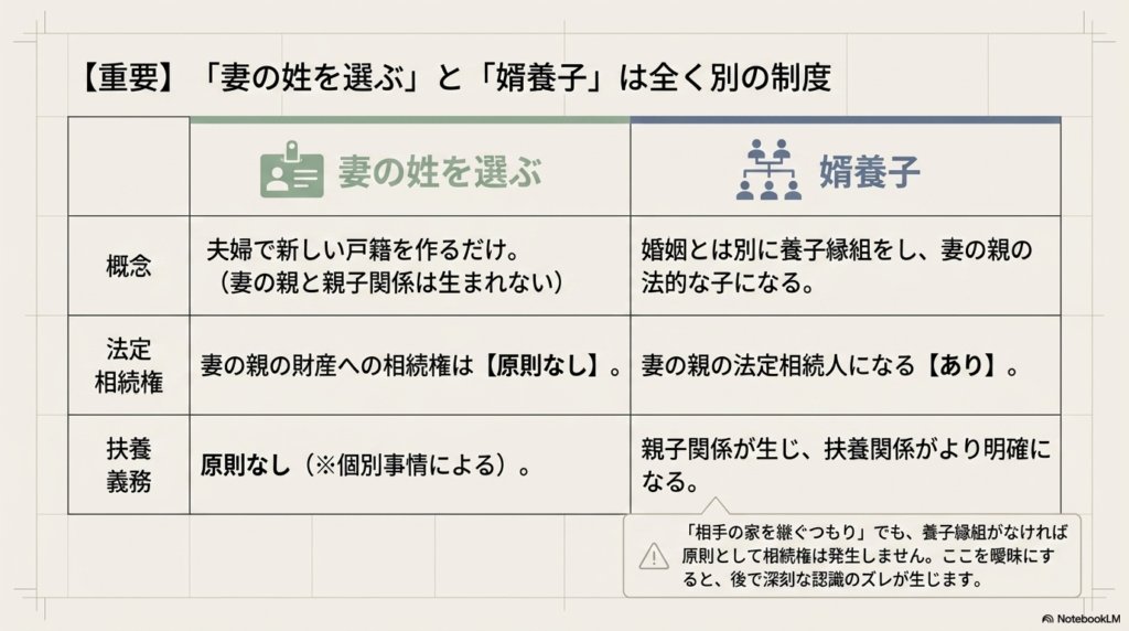 「妻の姓を選ぶ」ことと「婿養子」の違いを、概念・法定相続権・扶養義務の3項目で比較した表。