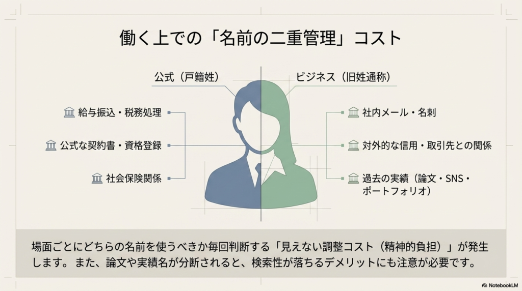 公式（戸籍姓）とビジネス（旧姓通称）で使い分ける際、給与振込や契約、名刺、実績管理などで発生する精神的・実務的な調整コストを整理した図。