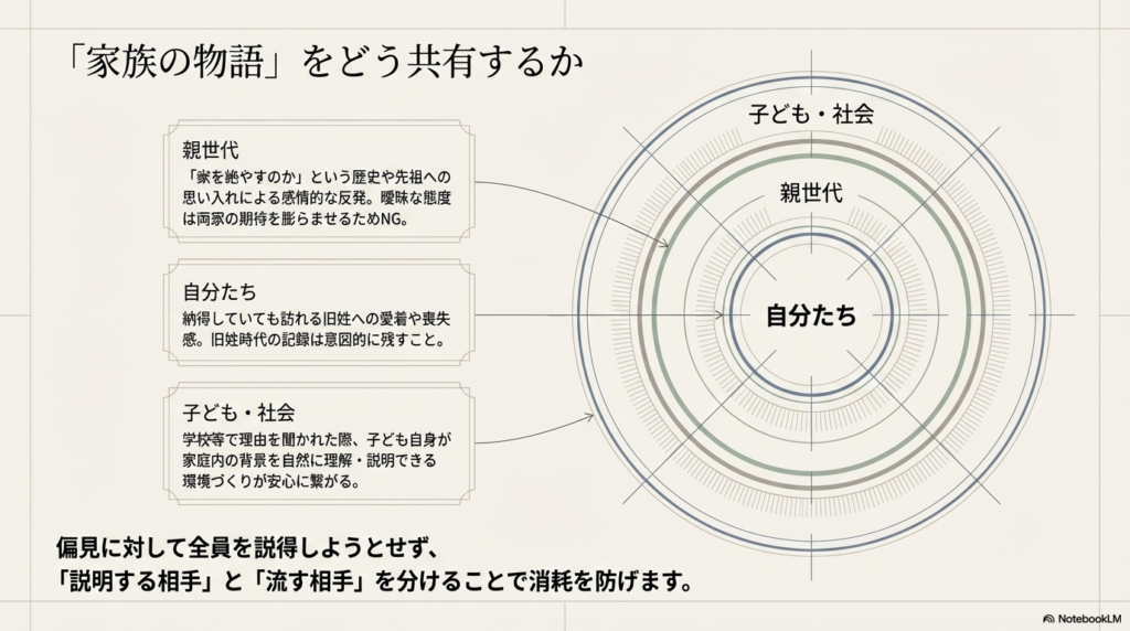 「自分たち」「親世代」「子ども・社会」の3つの層に対し、旧姓への愛着や先祖への思い入れ、学校での説明など、配慮すべきポイントを円状に示した図。