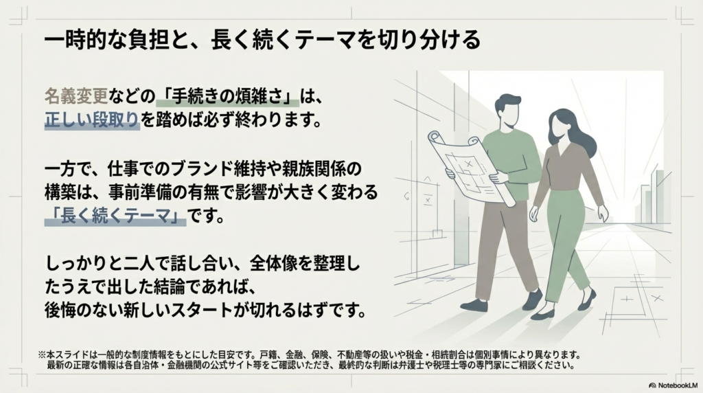 手続きという一時的な負担と、キャリアや親族関係という長く続くテーマを整理し、二人で納得した結論を出すことの大切さを伝える結びのスライド。